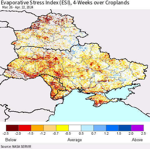 Ukraine, Moldova and Belarus Evaporative Stress Index (ESI), 4-Weeks over Croplands Thematic Map For 4/22/2024 - 4/28/2024