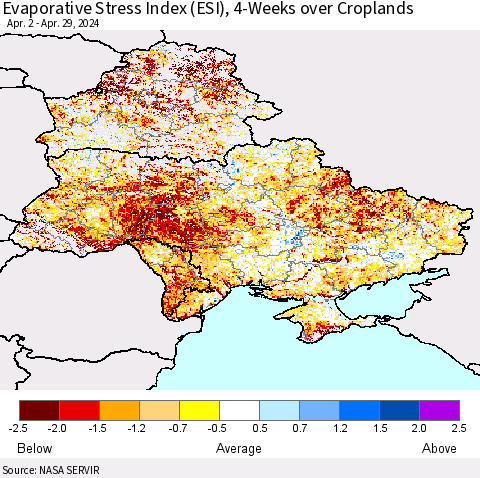 Ukraine, Moldova and Belarus Evaporative Stress Index (ESI), 4-Weeks over Croplands Thematic Map For 4/29/2024 - 5/5/2024