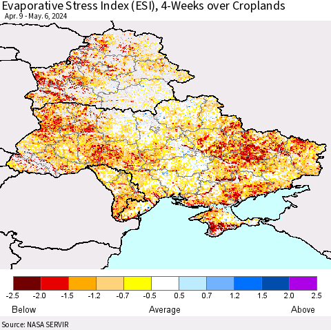 Ukraine, Moldova and Belarus Evaporative Stress Index (ESI), 4-Weeks over Croplands Thematic Map For 5/6/2024 - 5/12/2024
