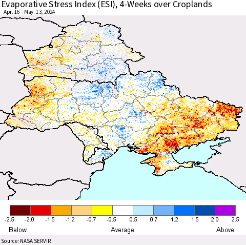 Ukraine, Moldova and Belarus Evaporative Stress Index (ESI), 4-Weeks over Croplands Thematic Map For 5/13/2024 - 5/19/2024