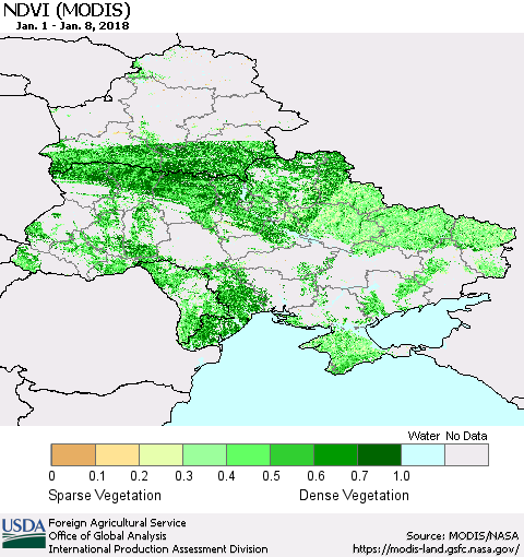 Ukraine, Moldova and Belarus NDVI (Terra-MODIS) Thematic Map For 1/1/2018 - 1/10/2018