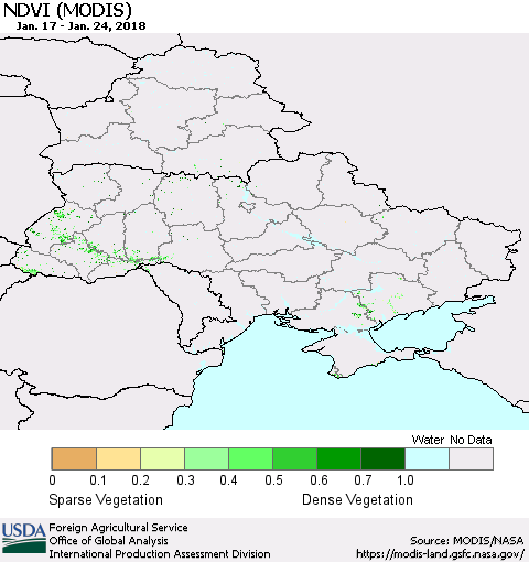 Ukraine, Moldova and Belarus NDVI (Terra-MODIS) Thematic Map For 1/21/2018 - 1/31/2018