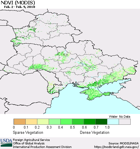 Ukraine, Moldova and Belarus NDVI (Terra-MODIS) Thematic Map For 2/1/2018 - 2/10/2018