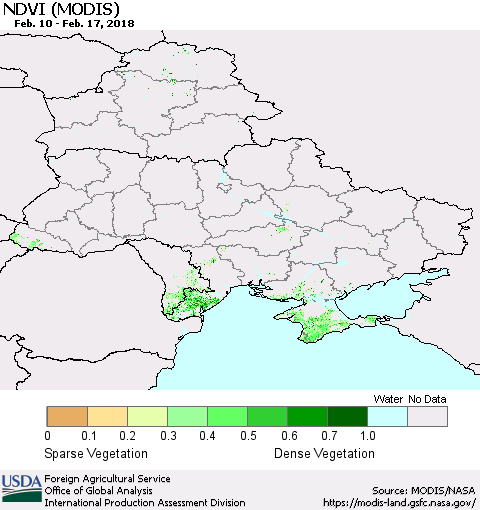 Ukraine, Moldova and Belarus NDVI (Terra-MODIS) Thematic Map For 2/11/2018 - 2/20/2018