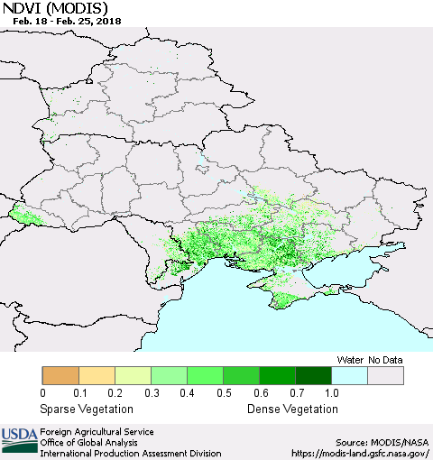 Ukraine, Moldova and Belarus NDVI (Terra-MODIS) Thematic Map For 2/21/2018 - 2/28/2018