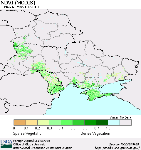 Ukraine, Moldova and Belarus NDVI (Terra-MODIS) Thematic Map For 3/11/2018 - 3/20/2018