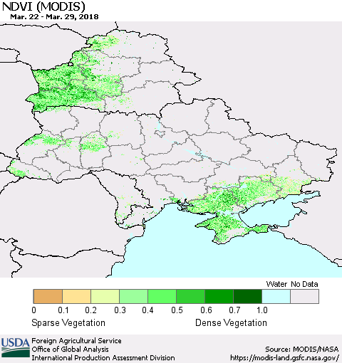 Ukraine, Moldova and Belarus NDVI (Terra-MODIS) Thematic Map For 3/21/2018 - 3/31/2018