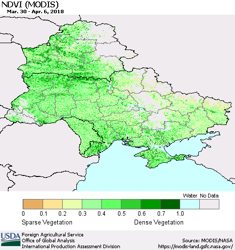 Ukraine, Moldova and Belarus NDVI (Terra-MODIS) Thematic Map For 4/1/2018 - 4/10/2018