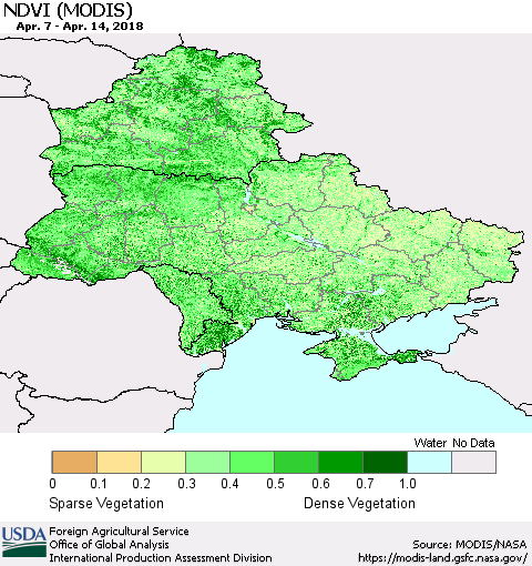 Ukraine, Moldova and Belarus NDVI (Terra-MODIS) Thematic Map For 4/11/2018 - 4/20/2018