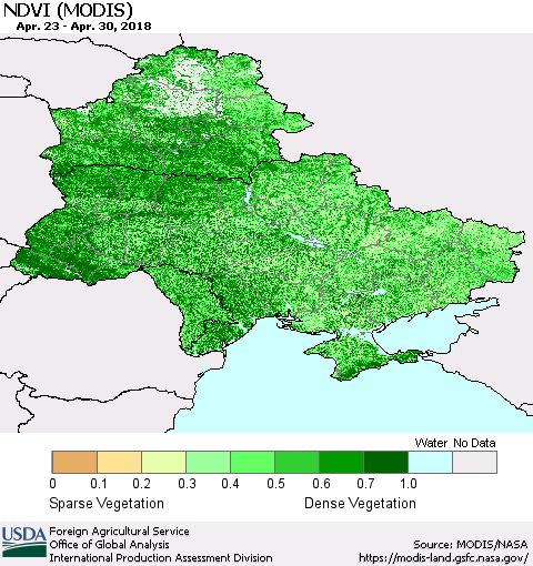 Ukraine, Moldova and Belarus NDVI (Terra-MODIS) Thematic Map For 4/21/2018 - 4/30/2018
