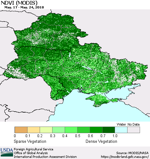 Ukraine, Moldova and Belarus NDVI (Terra-MODIS) Thematic Map For 5/21/2018 - 5/31/2018