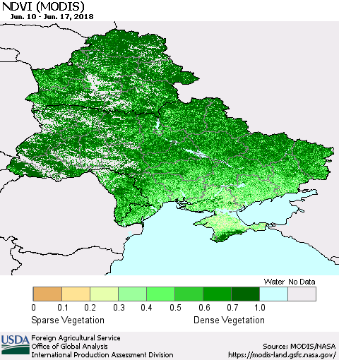 Ukraine, Moldova and Belarus NDVI (Terra-MODIS) Thematic Map For 6/11/2018 - 6/20/2018