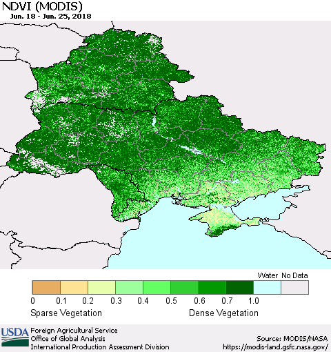 Ukraine, Moldova and Belarus NDVI (Terra-MODIS) Thematic Map For 6/21/2018 - 6/30/2018