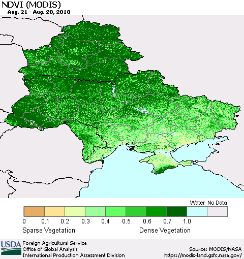 Ukraine, Moldova and Belarus NDVI (Terra-MODIS) Thematic Map For 8/21/2018 - 8/31/2018