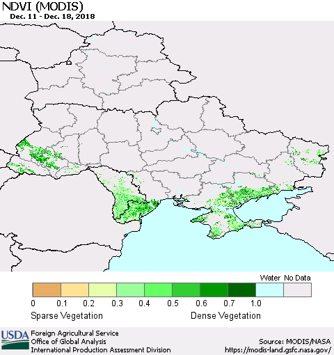 Ukraine, Moldova and Belarus NDVI (Terra-MODIS) Thematic Map For 12/11/2018 - 12/20/2018