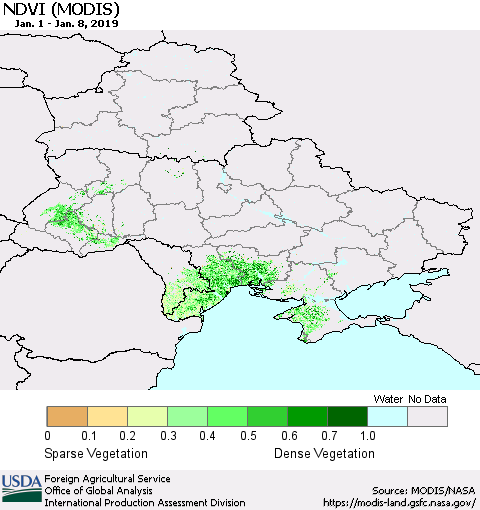 Ukraine, Moldova and Belarus NDVI (Terra-MODIS) Thematic Map For 1/1/2019 - 1/10/2019