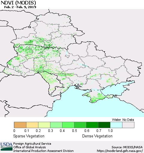 Ukraine, Moldova and Belarus NDVI (Terra-MODIS) Thematic Map For 2/1/2019 - 2/10/2019