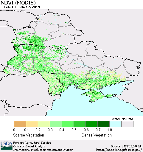 Ukraine, Moldova and Belarus NDVI (Terra-MODIS) Thematic Map For 2/11/2019 - 2/20/2019