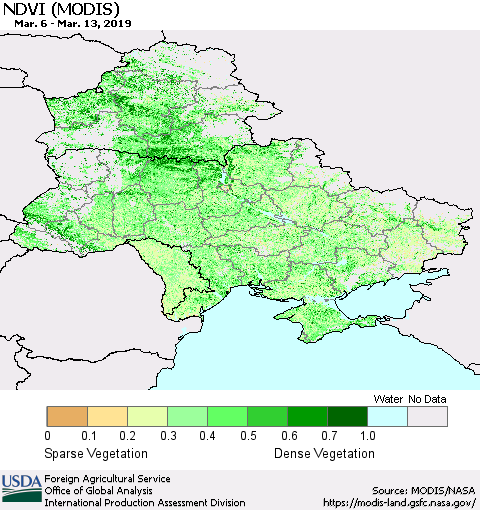 Ukraine, Moldova and Belarus NDVI (Terra-MODIS) Thematic Map For 3/11/2019 - 3/20/2019