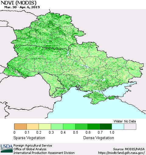 Ukraine, Moldova and Belarus NDVI (Terra-MODIS) Thematic Map For 4/1/2019 - 4/10/2019