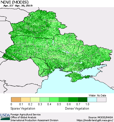 Ukraine, Moldova and Belarus NDVI (Terra-MODIS) Thematic Map For 4/21/2019 - 4/30/2019