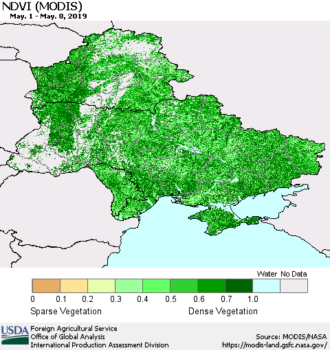 Ukraine, Moldova and Belarus NDVI (Terra-MODIS) Thematic Map For 5/1/2019 - 5/10/2019