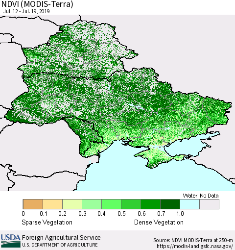 Ukraine, Moldova and Belarus NDVI (Terra-MODIS) Thematic Map For 7/11/2019 - 7/20/2019