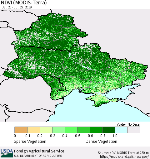 Ukraine, Moldova and Belarus NDVI (Terra-MODIS) Thematic Map For 7/21/2019 - 7/31/2019