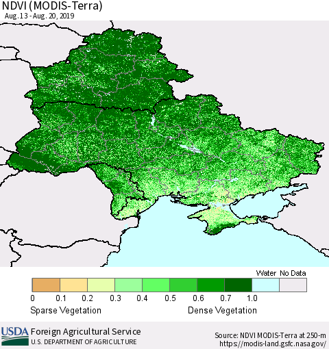 Ukraine, Moldova and Belarus NDVI (Terra-MODIS) Thematic Map For 8/11/2019 - 8/20/2019