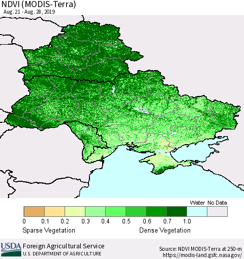 Ukraine, Moldova and Belarus NDVI (Terra-MODIS) Thematic Map For 8/21/2019 - 8/31/2019