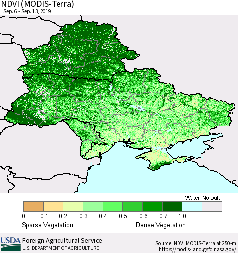 Ukraine, Moldova and Belarus NDVI (Terra-MODIS) Thematic Map For 9/11/2019 - 9/20/2019