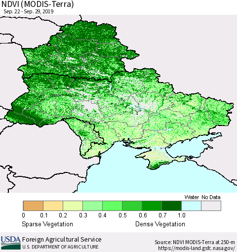 Ukraine, Moldova and Belarus NDVI (Terra-MODIS) Thematic Map For 9/21/2019 - 9/30/2019