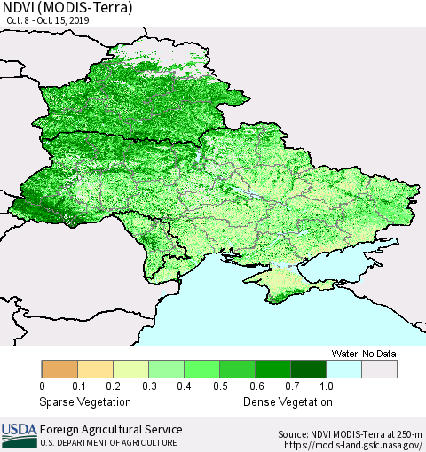 Ukraine, Moldova and Belarus NDVI (Terra-MODIS) Thematic Map For 10/11/2019 - 10/20/2019