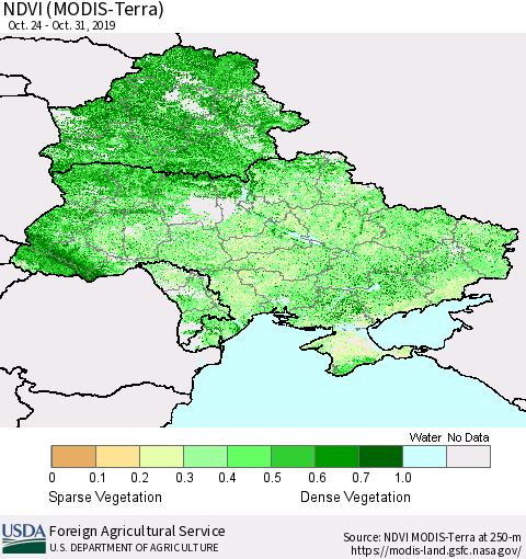 Ukraine, Moldova and Belarus NDVI (Terra-MODIS) Thematic Map For 10/21/2019 - 10/31/2019