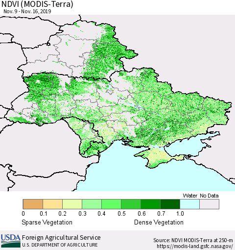 Ukraine, Moldova and Belarus NDVI (Terra-MODIS) Thematic Map For 11/11/2019 - 11/20/2019