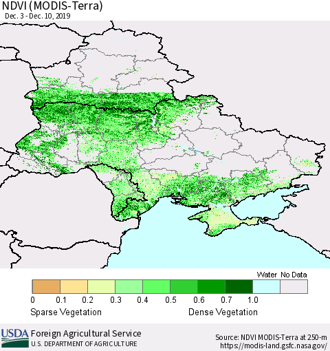 Ukraine, Moldova and Belarus NDVI (Terra-MODIS) Thematic Map For 12/1/2019 - 12/10/2019