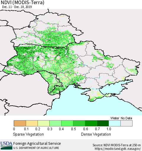 Ukraine, Moldova and Belarus NDVI (Terra-MODIS) Thematic Map For 12/11/2019 - 12/20/2019