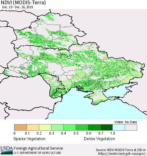 Ukraine, Moldova and Belarus NDVI (Terra-MODIS) Thematic Map For 12/21/2019 - 12/31/2019