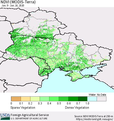 Ukraine, Moldova and Belarus NDVI (Terra-MODIS) Thematic Map For 1/11/2020 - 1/20/2020