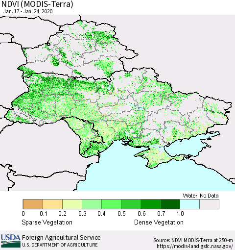 Ukraine, Moldova and Belarus NDVI (Terra-MODIS) Thematic Map For 1/21/2020 - 1/31/2020