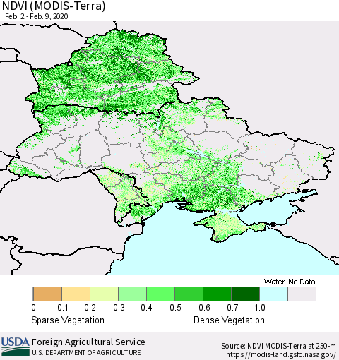 Ukraine, Moldova and Belarus NDVI (Terra-MODIS) Thematic Map For 2/1/2020 - 2/10/2020