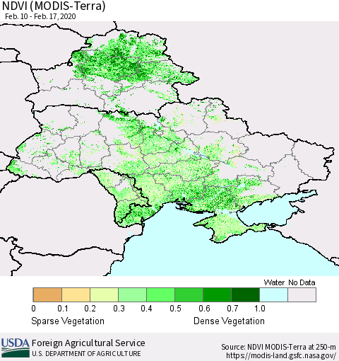 Ukraine, Moldova and Belarus NDVI (Terra-MODIS) Thematic Map For 2/11/2020 - 2/20/2020