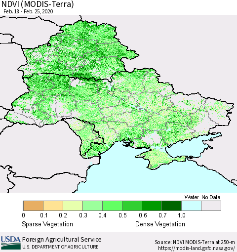 Ukraine, Moldova and Belarus NDVI (Terra-MODIS) Thematic Map For 2/21/2020 - 2/29/2020