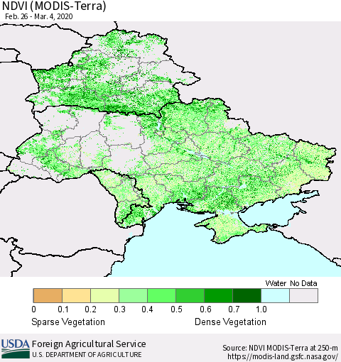 Ukraine, Moldova and Belarus NDVI (Terra-MODIS) Thematic Map For 3/1/2020 - 3/10/2020