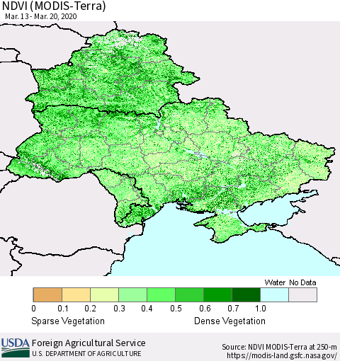 Ukraine, Moldova and Belarus NDVI (Terra-MODIS) Thematic Map For 3/11/2020 - 3/20/2020