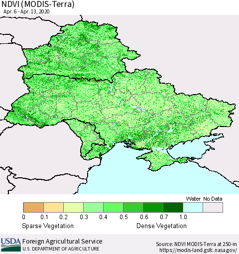 Ukraine, Moldova and Belarus NDVI (Terra-MODIS) Thematic Map For 4/11/2020 - 4/20/2020