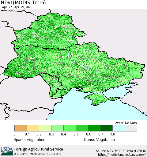 Ukraine, Moldova and Belarus NDVI (Terra-MODIS) Thematic Map For 4/21/2020 - 4/30/2020