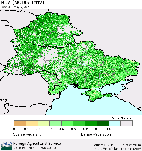 Ukraine, Moldova and Belarus NDVI (Terra-MODIS) Thematic Map For 5/1/2020 - 5/10/2020