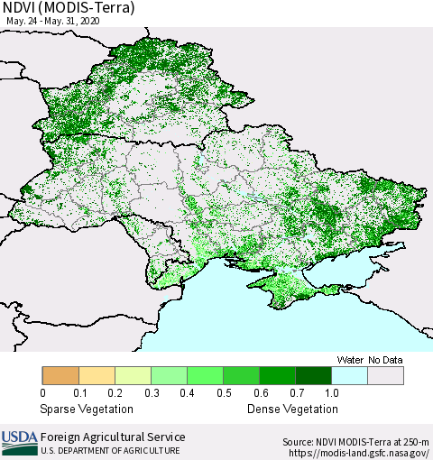 Ukraine, Moldova and Belarus NDVI (Terra-MODIS) Thematic Map For 5/21/2020 - 5/31/2020