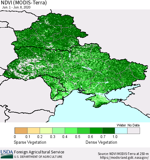 Ukraine, Moldova and Belarus NDVI (Terra-MODIS) Thematic Map For 6/1/2020 - 6/10/2020